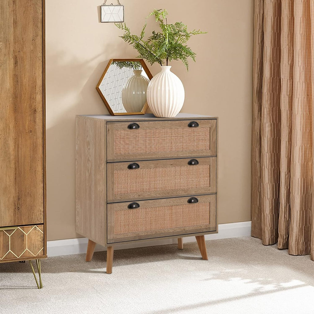 3 Drawer Rattan Storage Cabinet with Pine Wood Legs R379