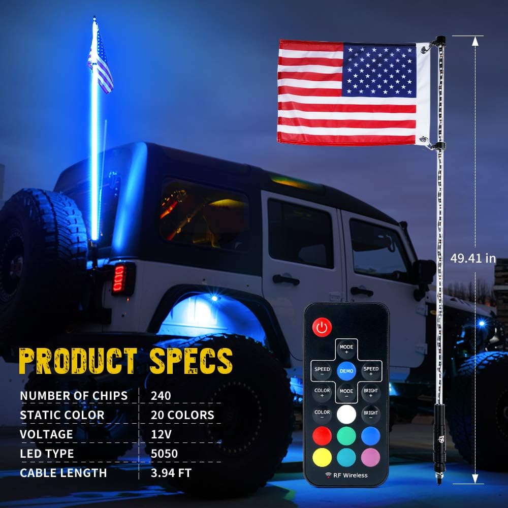 4FT RGB LED Flexible Whip Lights with Remote Control G18133
