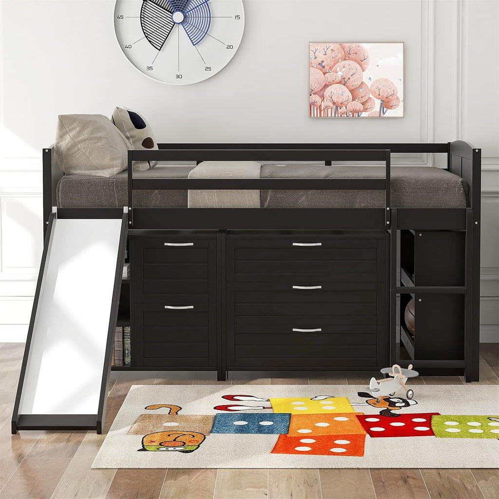 Twin Wooden Loft Bed with Slide, Cabinet Drawers and Book Shelves A7035