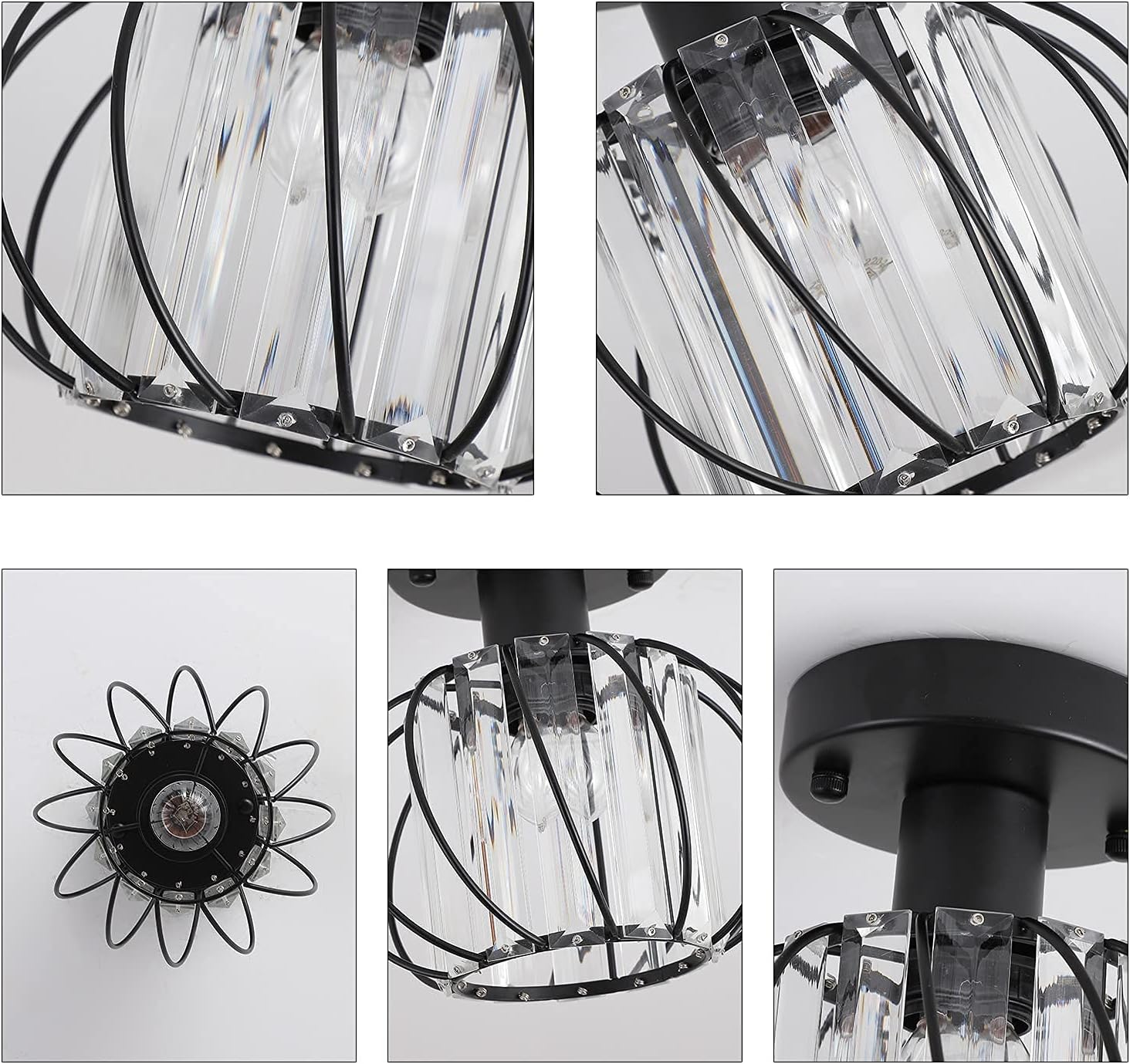 Semi Flush Mount Ceiling Light K9 Crystal Metal Cage Ceiling Lamp Fixture, E26 Y3791