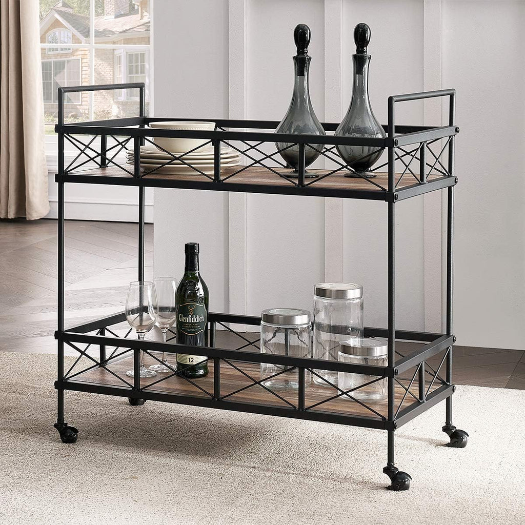 Vintage Brown 2-Tier Rectangular Rolling Bar Cart G7671