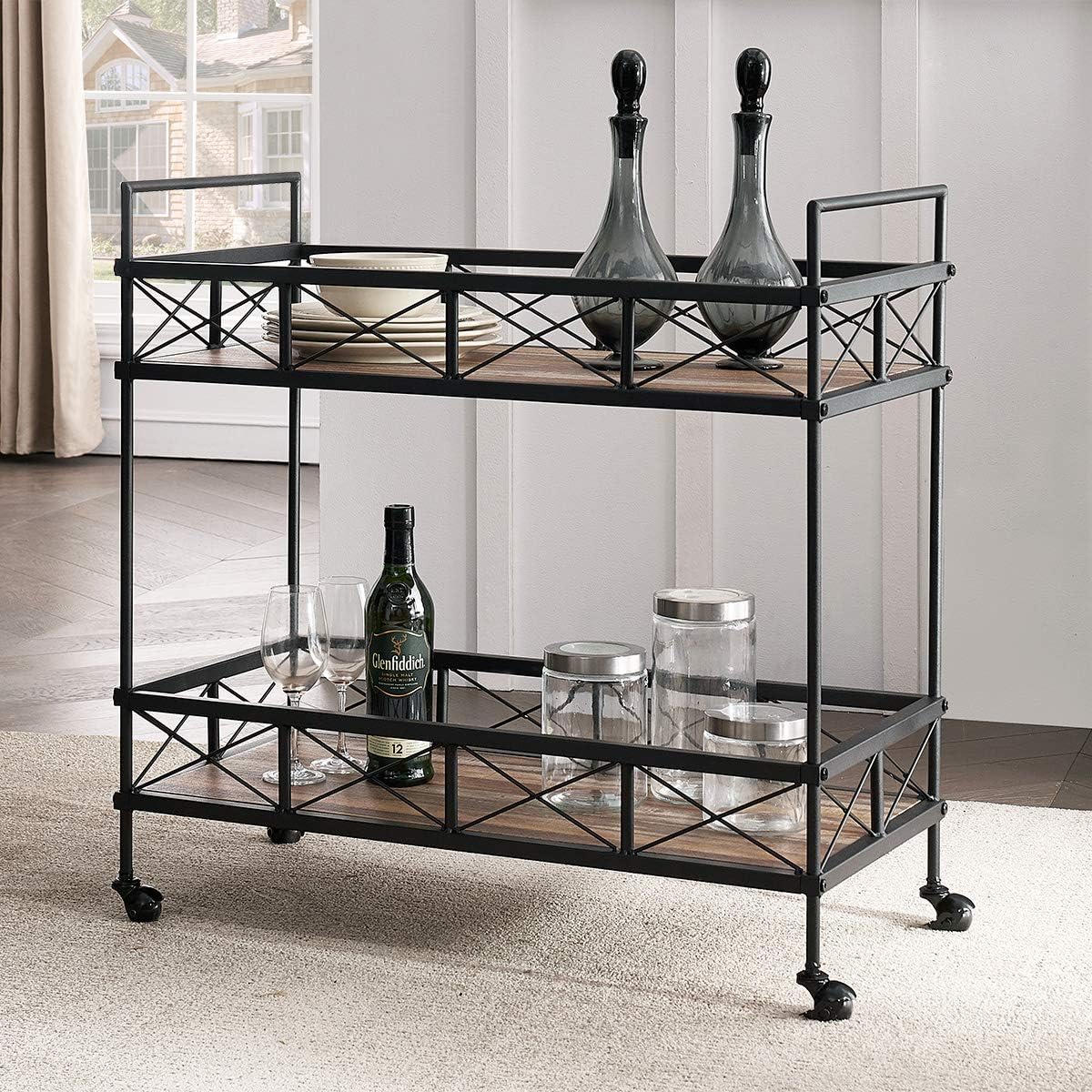 Vintage Brown 2-Tier Rectangular Rolling Bar Cart G7671