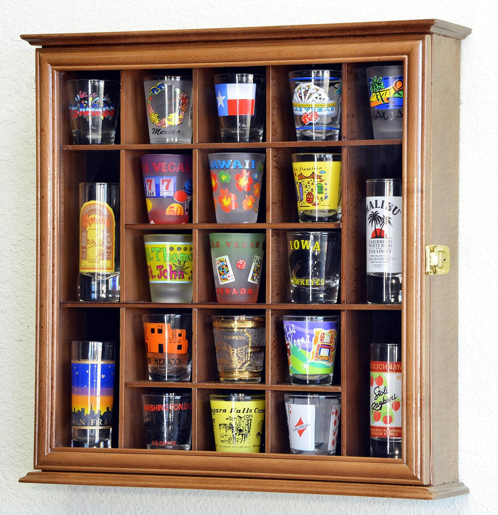 Walnut Lockable Wall Rack Display Case for 21 Shot Glasses V437231