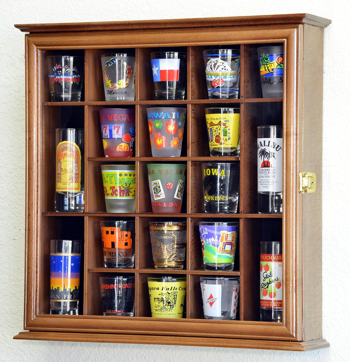 Walnut Lockable Wall Rack Display Case for 21 Shot Glasses V437231