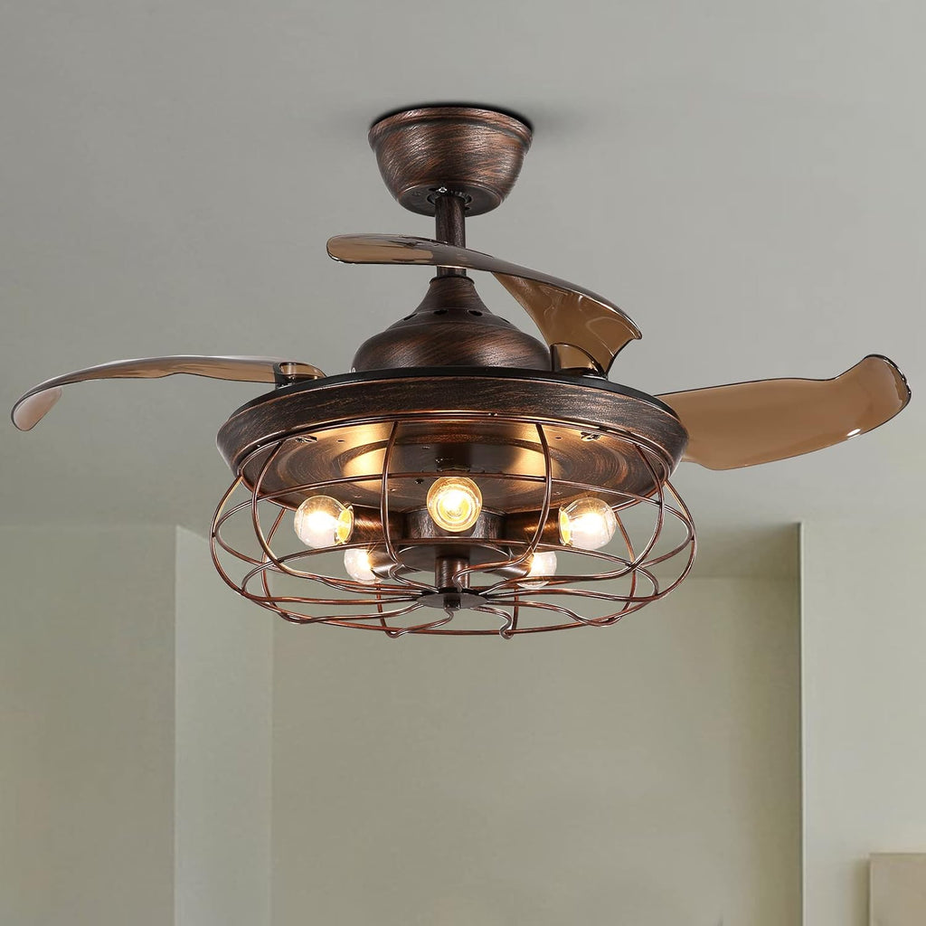 Retractable Industrial Ceiling Fan Light Chandelier with Remote Control Rusty 48 Inch 5 Light 4 Fan Blades Y679