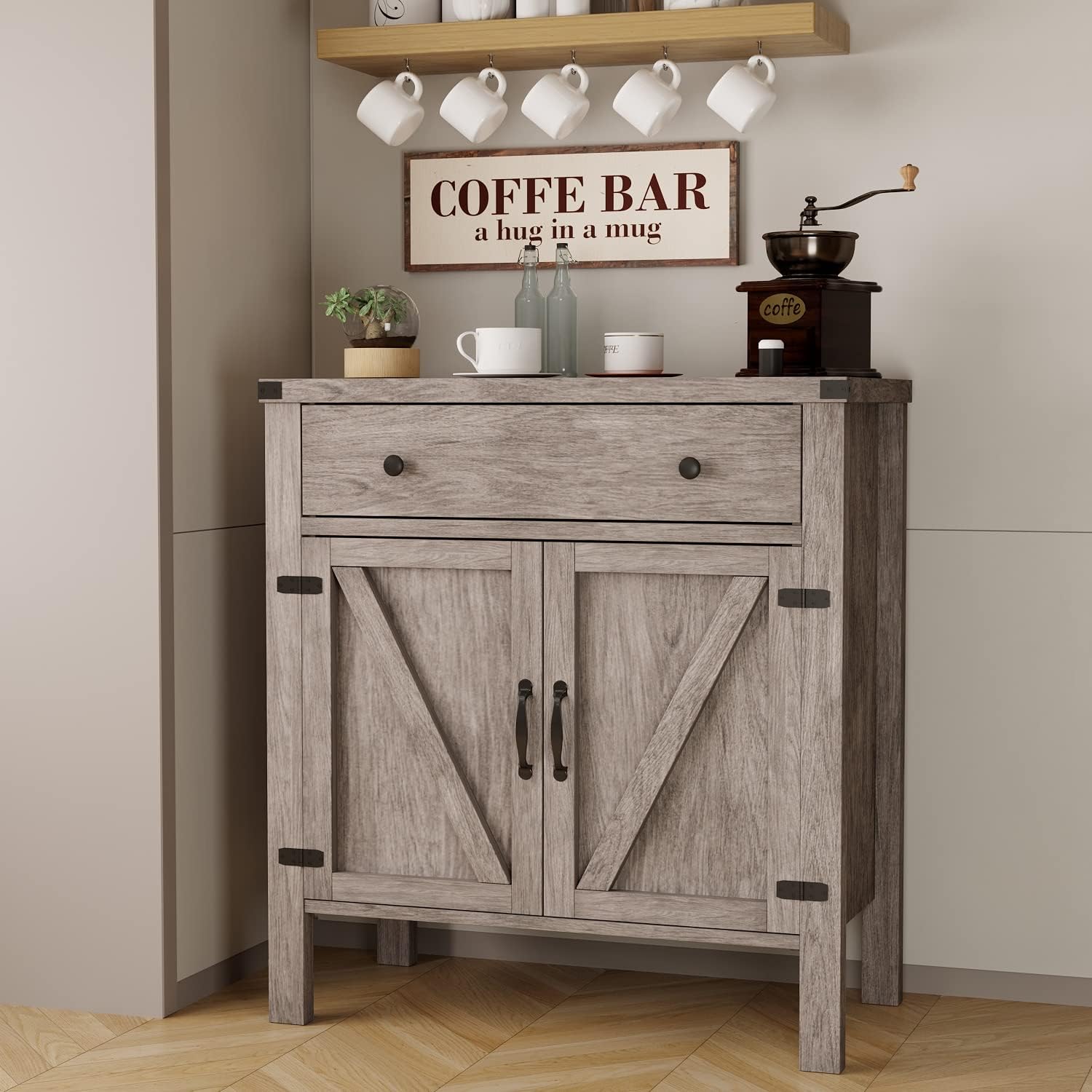 Grey Wash Buffet Cabinet with Barn Doors and Drawer G7679