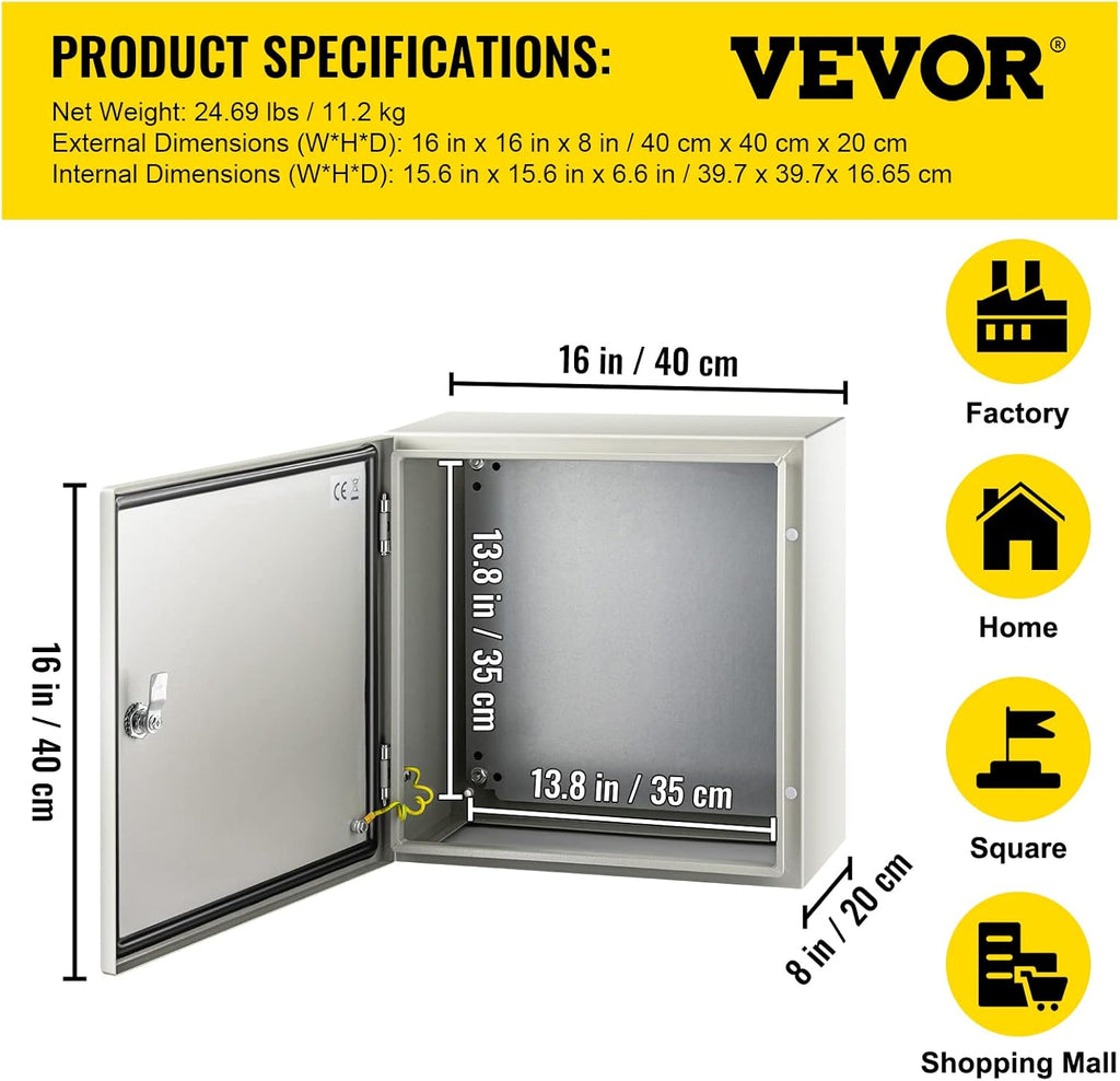 16 x 16 x 8 Inches Wall Mounted Waterproof Mild Steel Electrical Enclosure T230