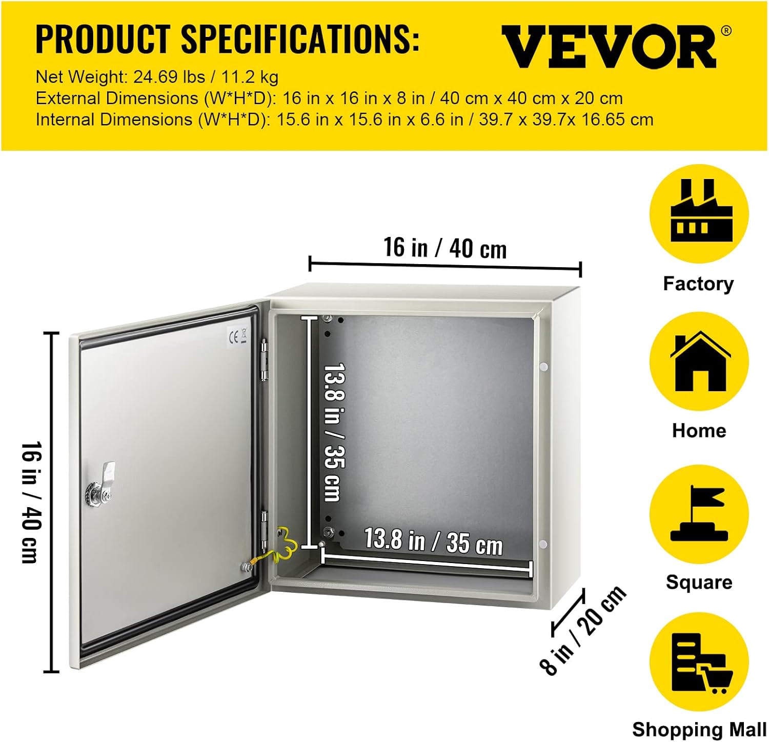 16 x 16 x 8 Inches Wall Mounted Waterproof Mild Steel Electrical Enclosure T230