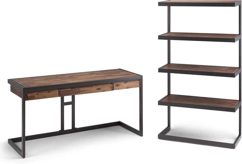 Rustic Natural Aged Brown Solid Acacia Wood and Metal 4 Shelves Bookcase W23345