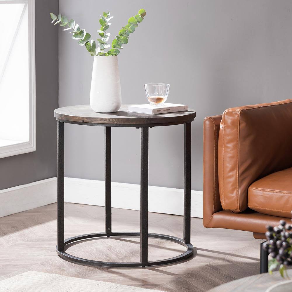 Natural Reclaimed Wood Round Industrial End Table C6769