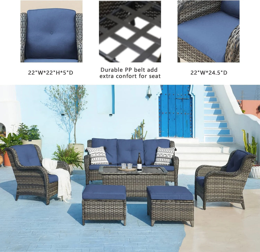 5 Piece Rattan Sectional Sofa Set with 3-Seat Couch 2 Armchairs 2 Ottoman Footrests Grey/Blue A193