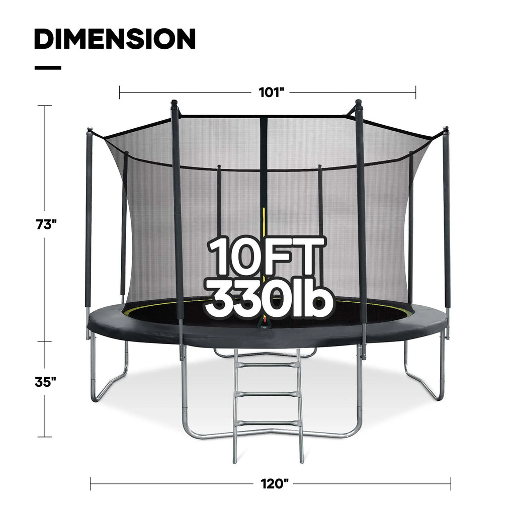 10FT Trampoline with Enclosure Net, Spring Cover, Ladder, Wind Stakes, 330lbs Weight Capacity R516