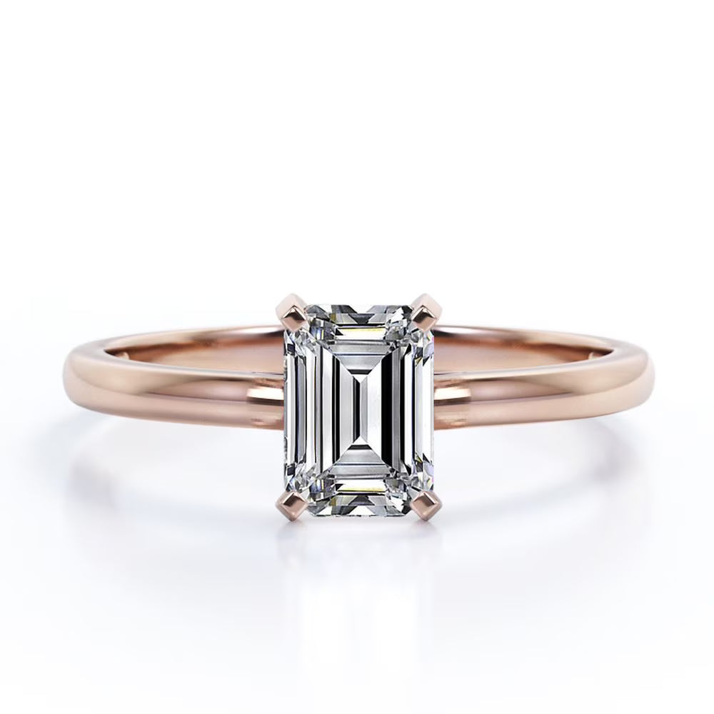 18K Rose Gold Plating Over Silver Emerald Cut Moissanite Solitaire Ring J66104