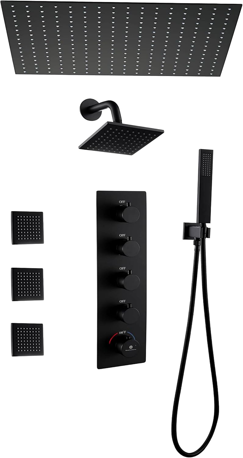 Matte Black 4 Way Thermostatic Shower Valve System with Body Jets, Handheld, 6" High Pressure Head and 20" Rain G525426