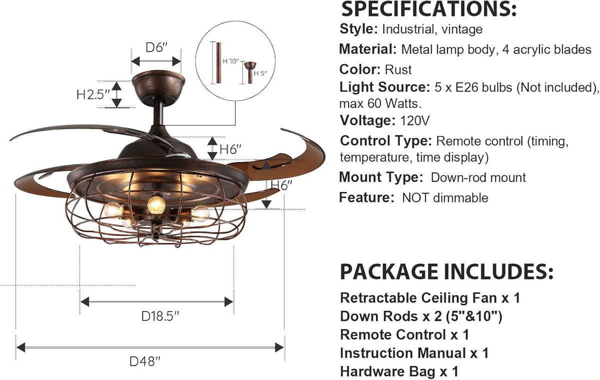 Retractable Industrial Ceiling Fan Light Chandelier with Remote Control Rusty 48 Inch 5 Light 4 Fan Blades Y679