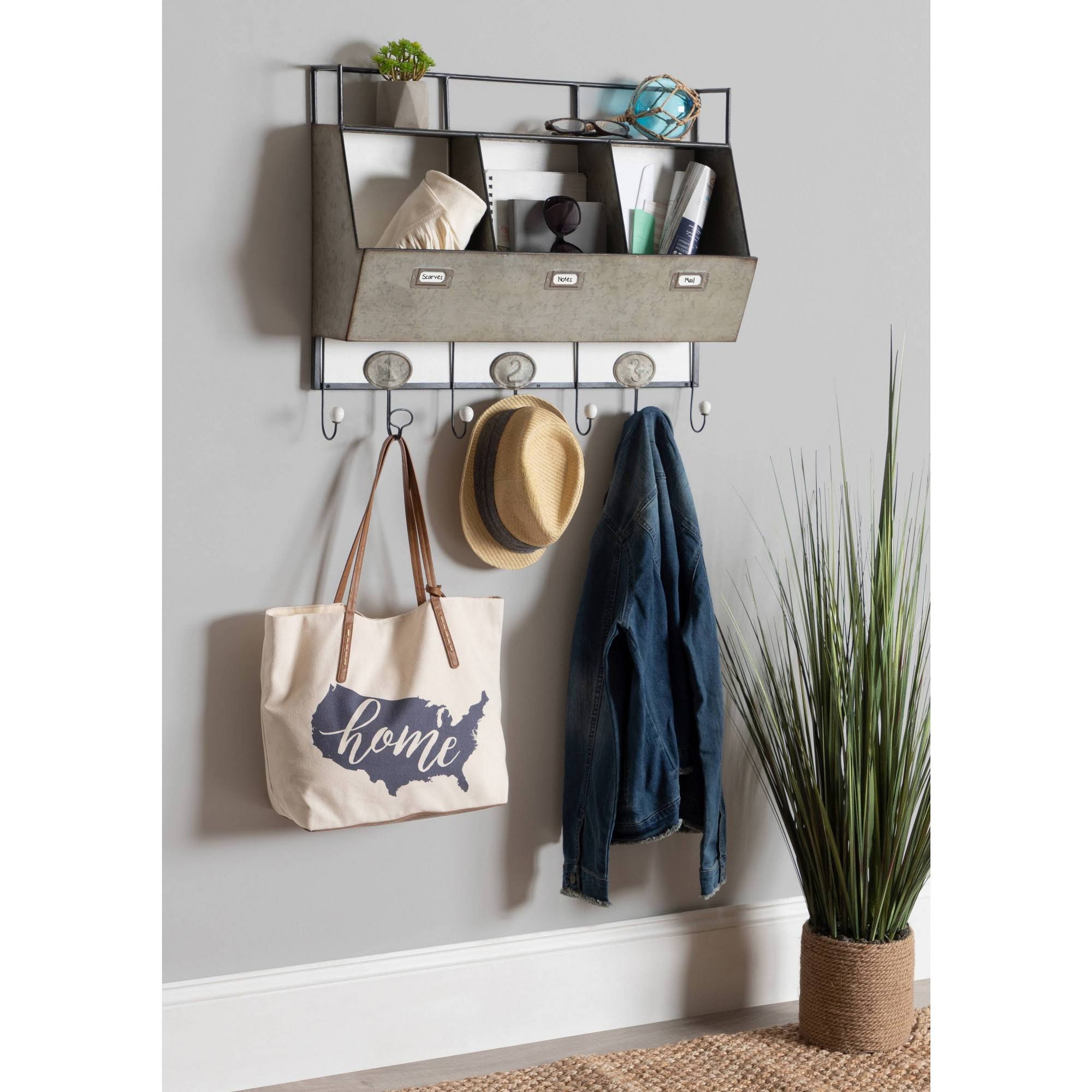 Antique White Wood and Metal Wall Storage Pockets with Hooks C96032