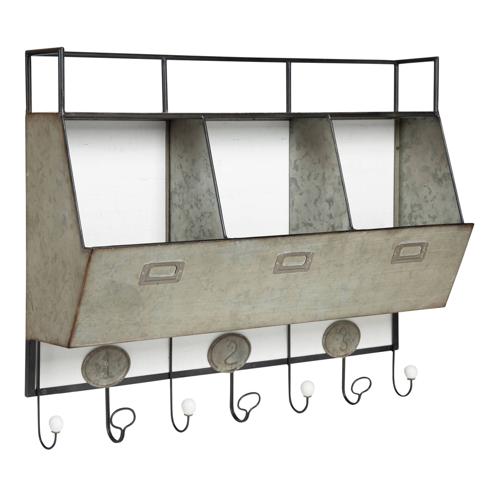 Antique White Wood and Metal Wall Storage Pockets with Hooks C96032