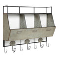 Antique White Wood and Metal Wall Storage Pockets with Hooks C96032