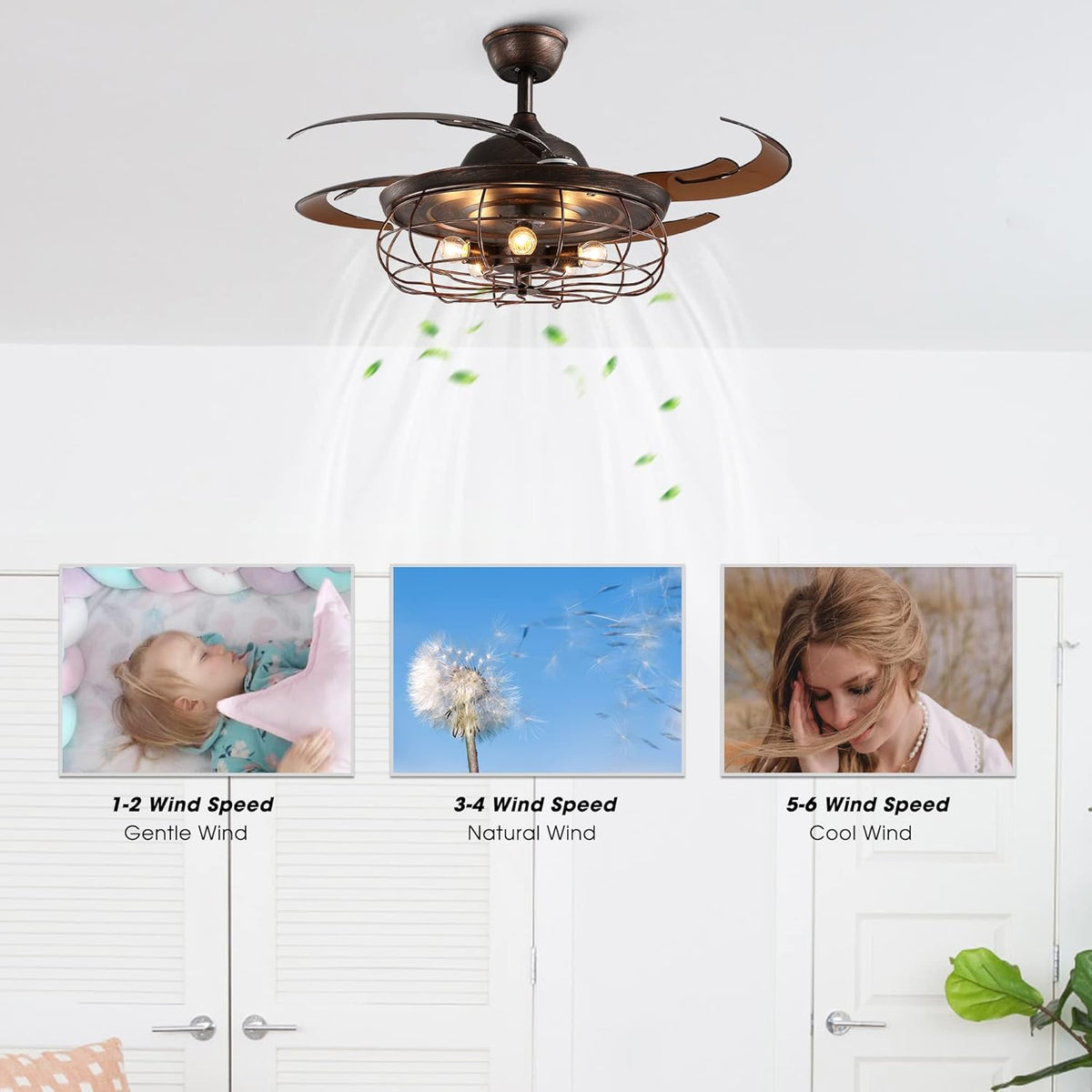 Retractable Industrial Ceiling Fan Light Chandelier with Remote Control Rusty 48 Inch 5 Light 4 Fan Blades Y679
