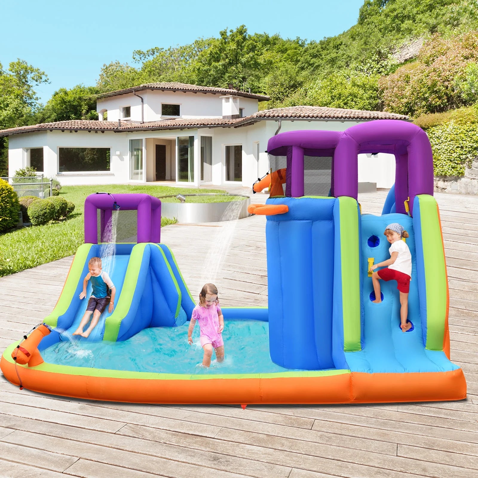 6 in 1 Inflatable Dual Slide Water Park Climbing Bouncer with 950W Blower R752