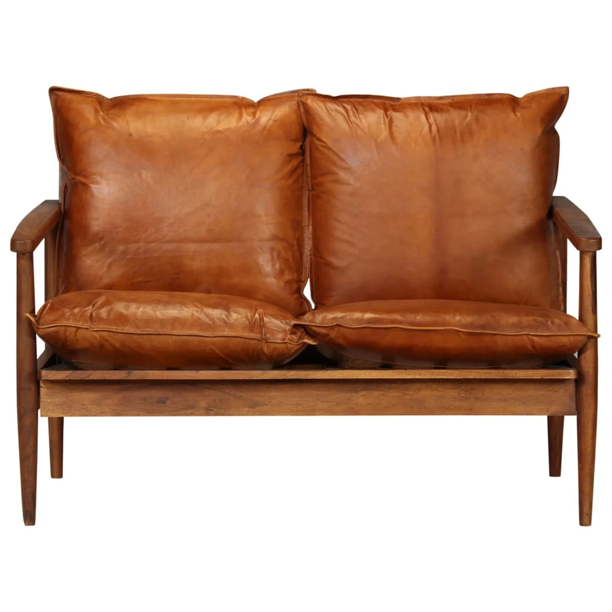 2-Seater Sofa Real Leather Acacia Wood Brown Y93463