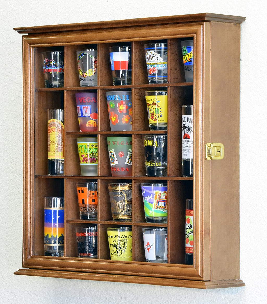 Walnut Lockable Wall Rack Display Case for 21 Shot Glasses V437231