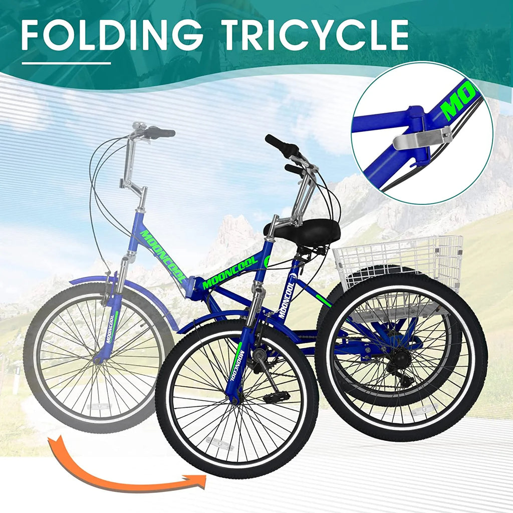 Adult Folding Tricycle 7 Speed 20/24/26 inch Three Wheel Bike with Large Basket R8251