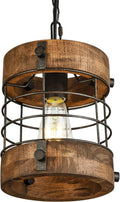 Retro Industrial Metal and Wood 1-Light Round Cage Pendant Light Fixture, D 7.9 x H 8.7 (White) M28411