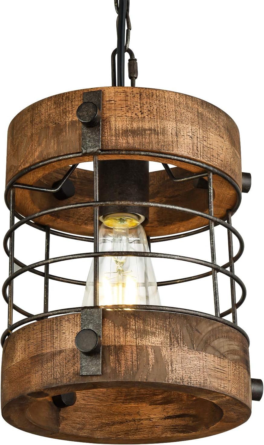Retro Industrial Metal and Wood 1-Light Round Cage Pendant Light Fixture, D 7.9 x H 8.7 (White) M28411