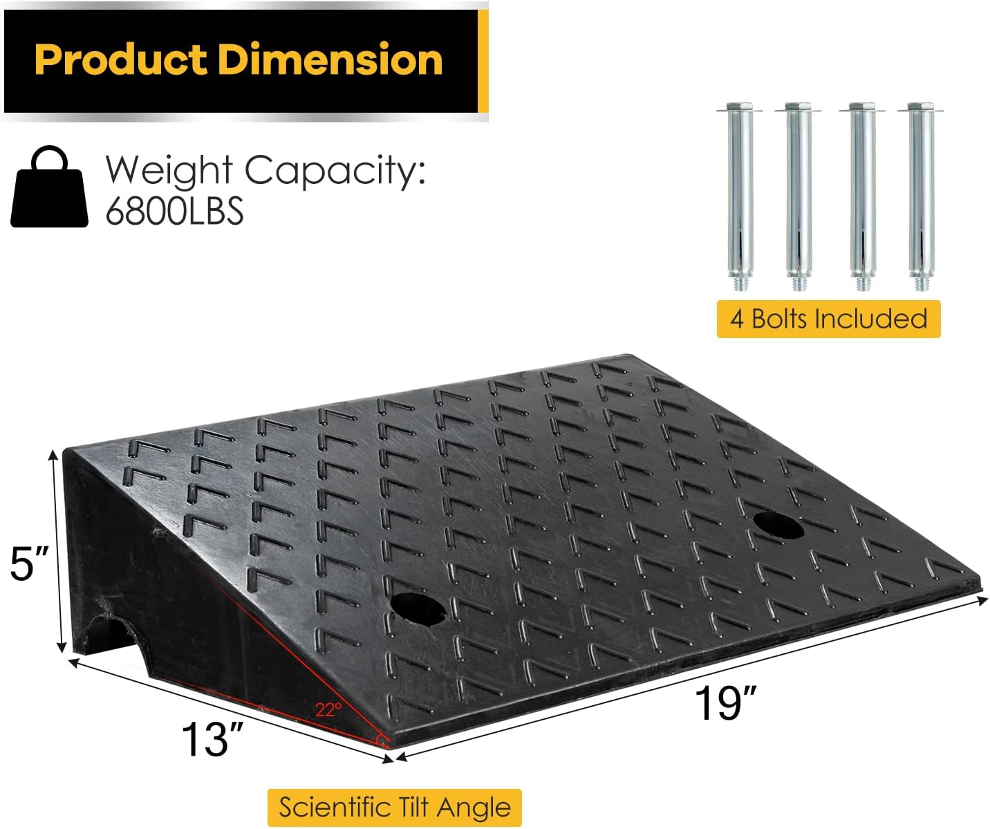 5” Rubber Curb Ramps 2PCS, Heavy Duty 22° Driveway Ramps with 4 Expansion Bolts & Predrilled Holes, Anti-Slip Surface, 6,800 lbs Load Capacity Pack of 2 Q8082