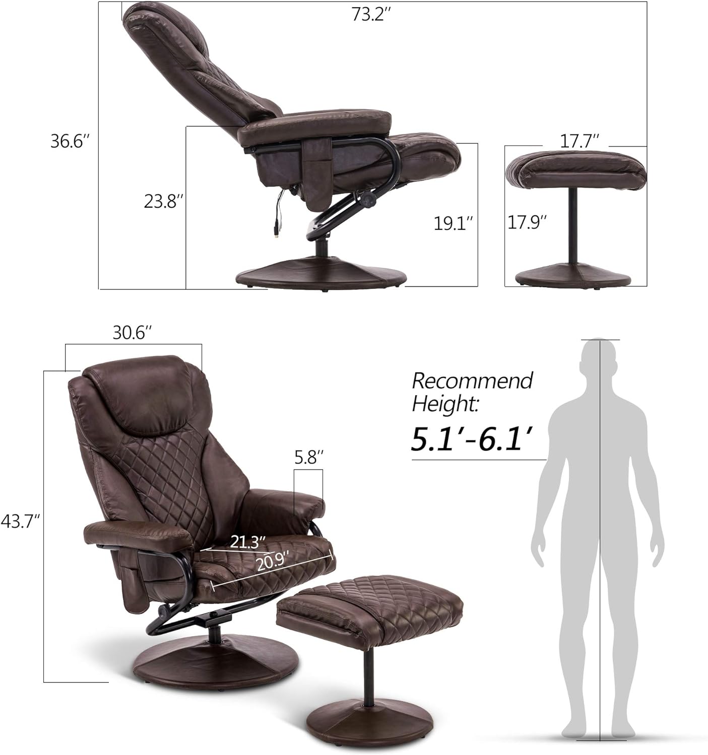 Dark Brown Faux Leather Swivel Recliner with Ottoman R260