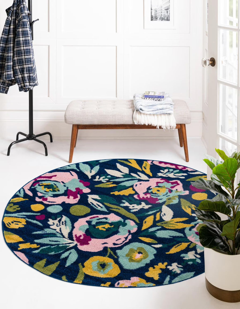 Navy Blue Round Floral Rug A90152