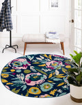 Navy Blue Round Floral Rug A90152