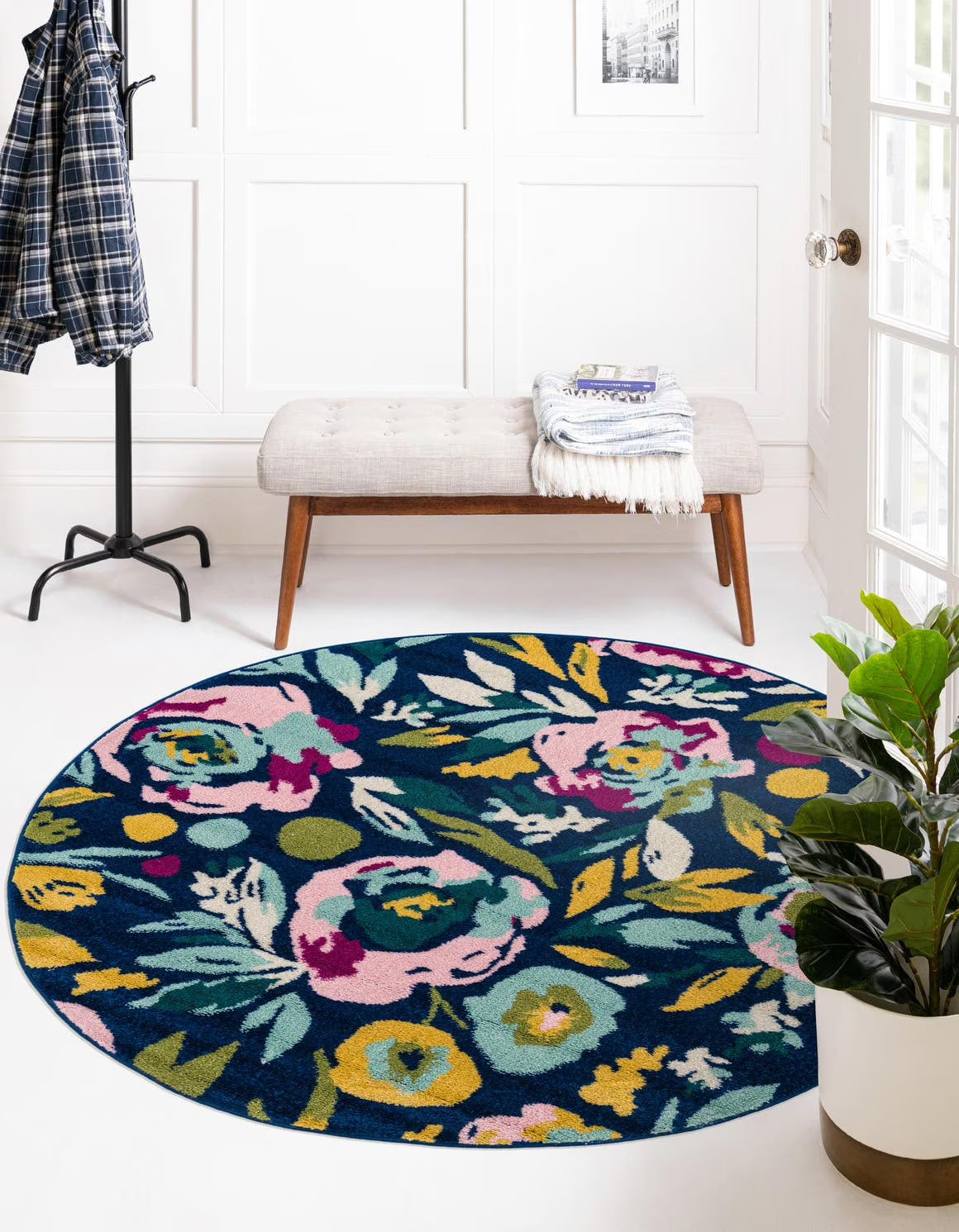 Navy Blue Round Floral Rug A90152