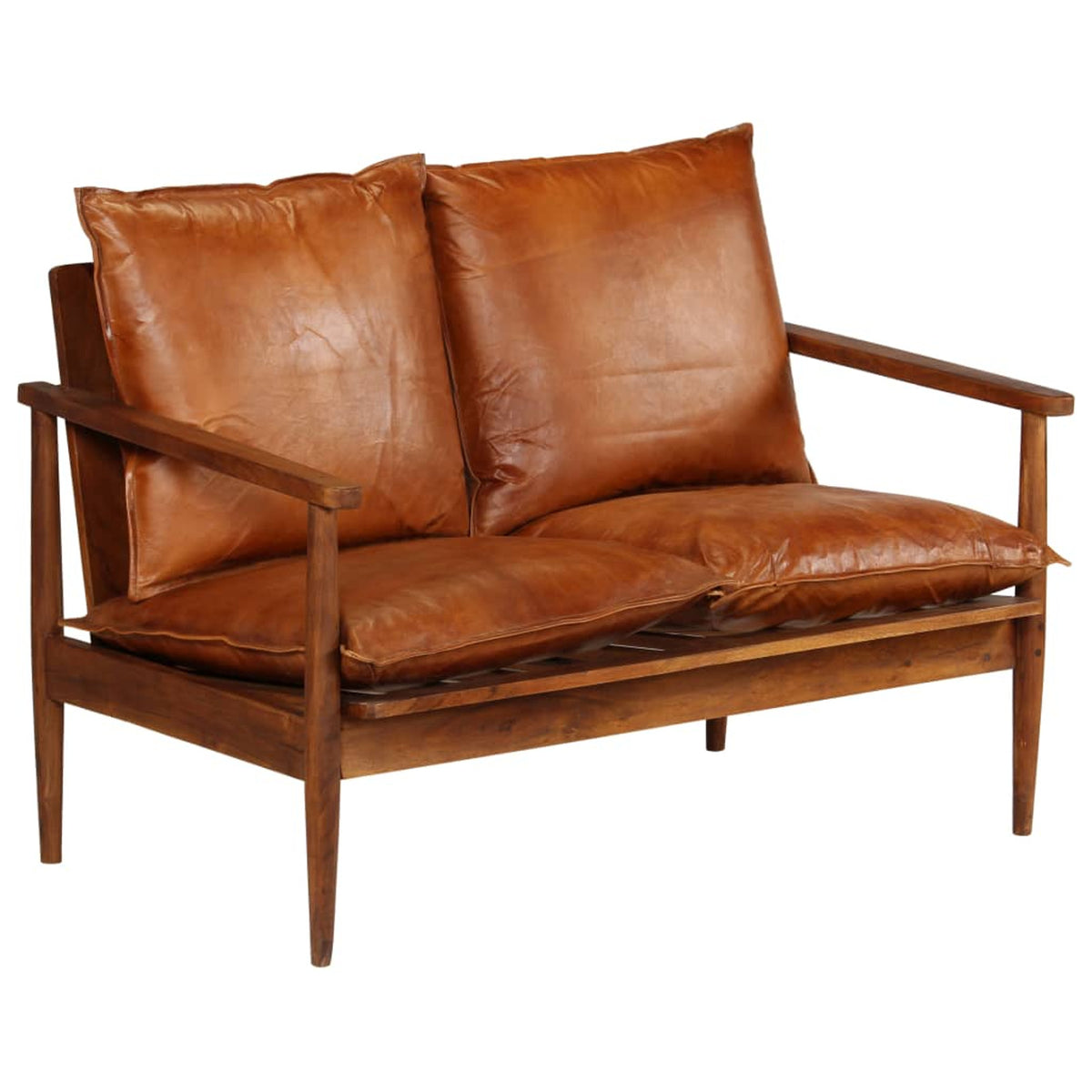 2-Seater Sofa Real Leather Acacia Wood Brown Y93463