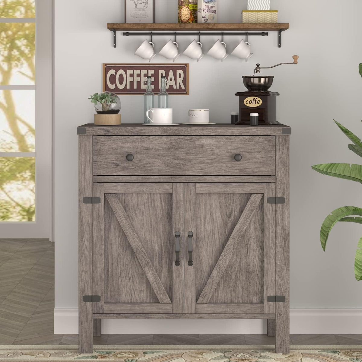 Grey Wash Buffet Cabinet with Barn Doors and Drawer G7679