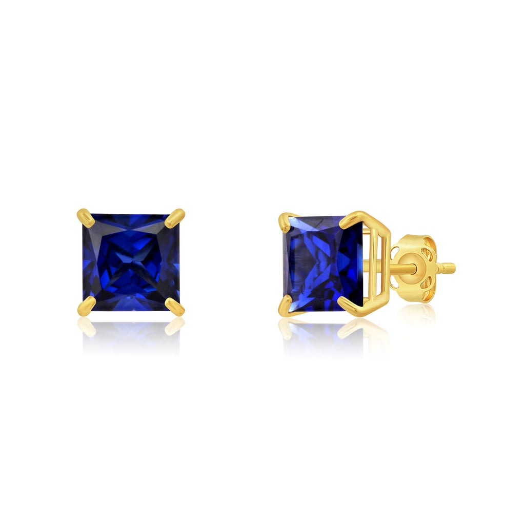 14k Yellow Gold Princess Cut Created Blue Sapphire Square Stud Earrings 7mm O304