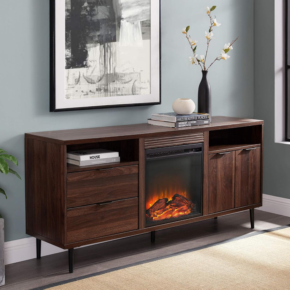 60 Inch Slate Grey Wood TV Stand with Cabinet Doors and Drawers P176401