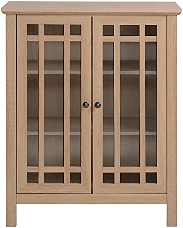 Light Oak Wood Sideboard Buffet with Double Framed Tempered Glass Doors P105
