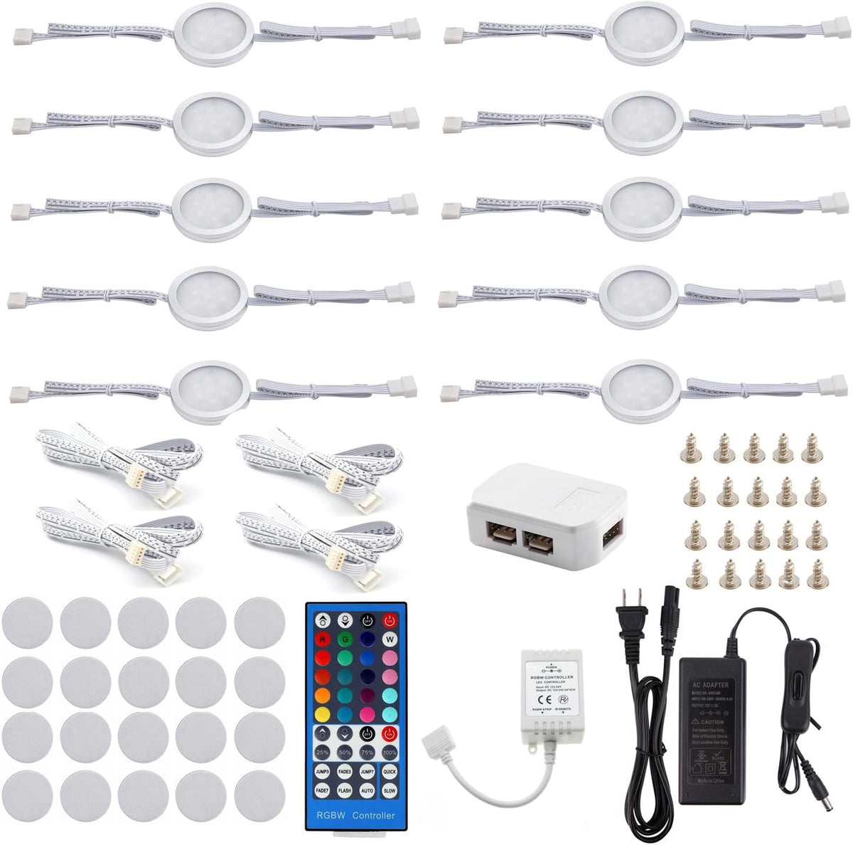 24V Under Counter LED Light Kit, RGB+White Under Cabinet Lighting, 10 Packs Puck Lights with Wireless Remote Control J117656