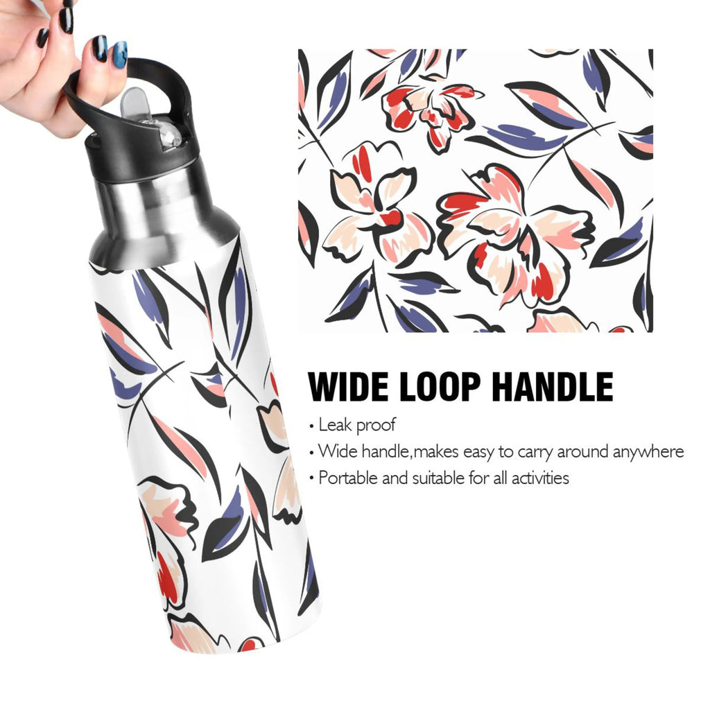 Retro Blue Flowers Stainless Steel Insulated Water Bottle with Straw Lid W42540