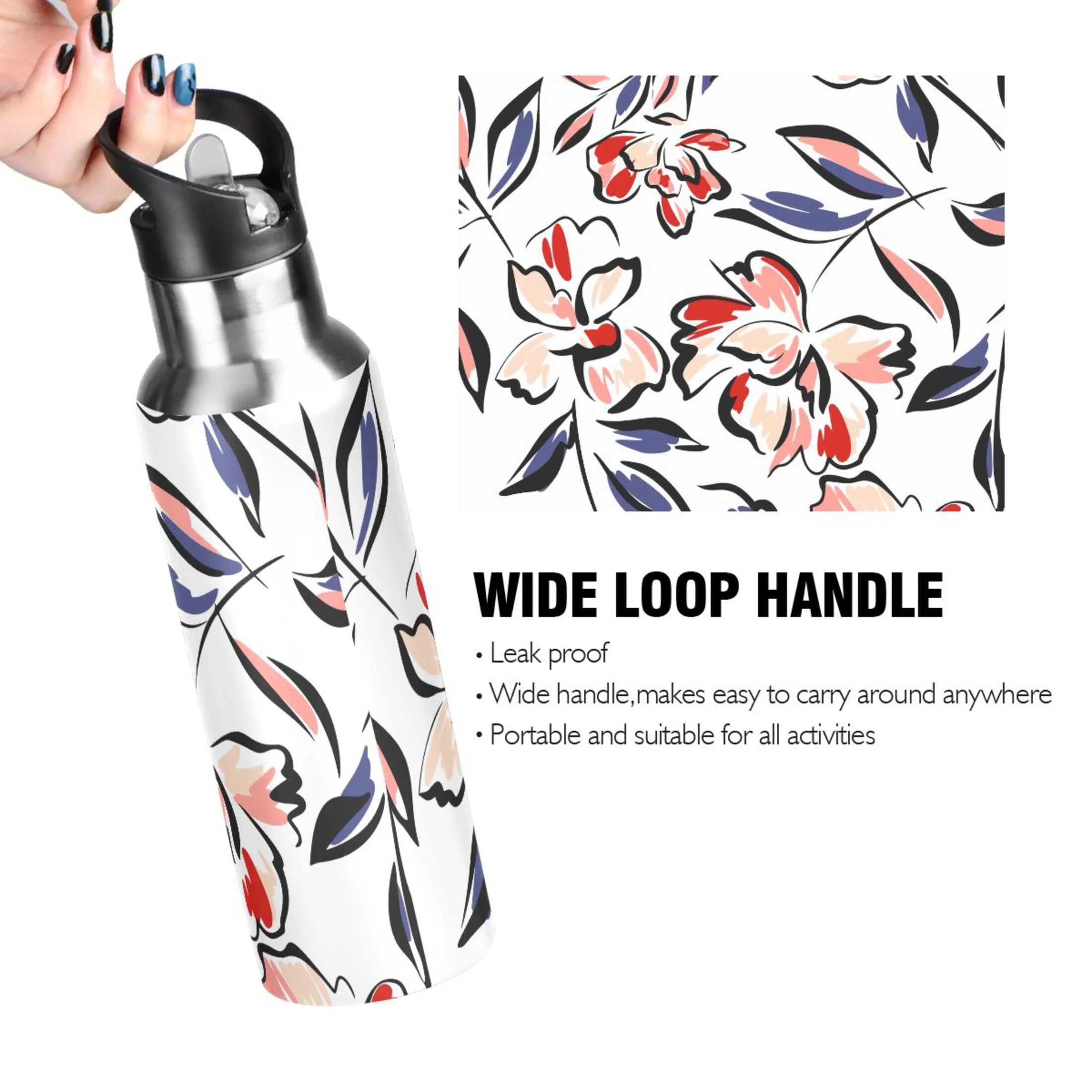 Retro Blue Flowers Stainless Steel Insulated Water Bottle with Straw Lid W42540