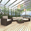 8 Piece Patio Lounge Set with Cream White Cushions Poly Rattan Brown 3 Middle Sofas with Ottoman, Single Sofa, Side Tables X459