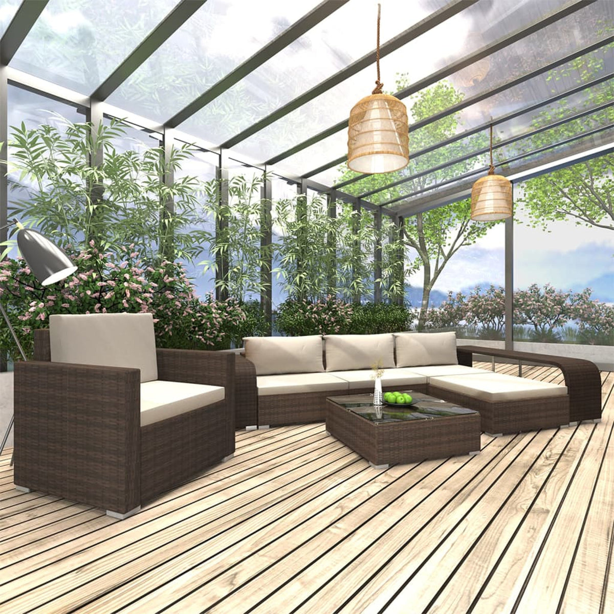 8 Piece Patio Lounge Set with Cream White Cushions Poly Rattan Brown 3 Middle Sofas with Ottoman, Single Sofa, Side Tables X459