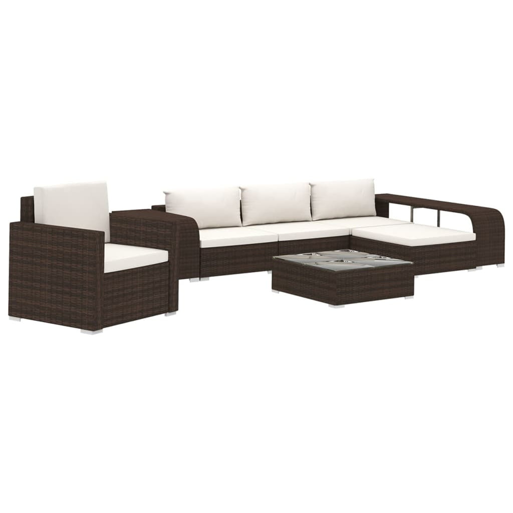 8 Piece Patio Lounge Set with Cream White Cushions Poly Rattan Brown 3 Middle Sofas with Ottoman, Single Sofa, Side Tables X459