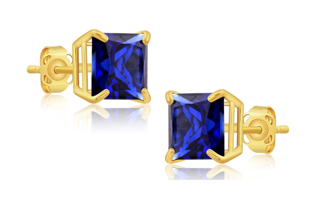 14k Yellow Gold Princess Cut Created Blue Sapphire Square Stud Earrings 7mm O304