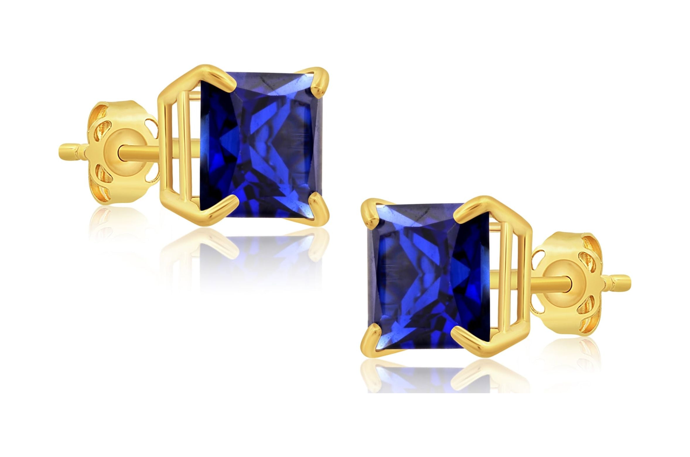 14k Yellow Gold Princess Cut Created Blue Sapphire Square Stud Earrings 7mm O304
