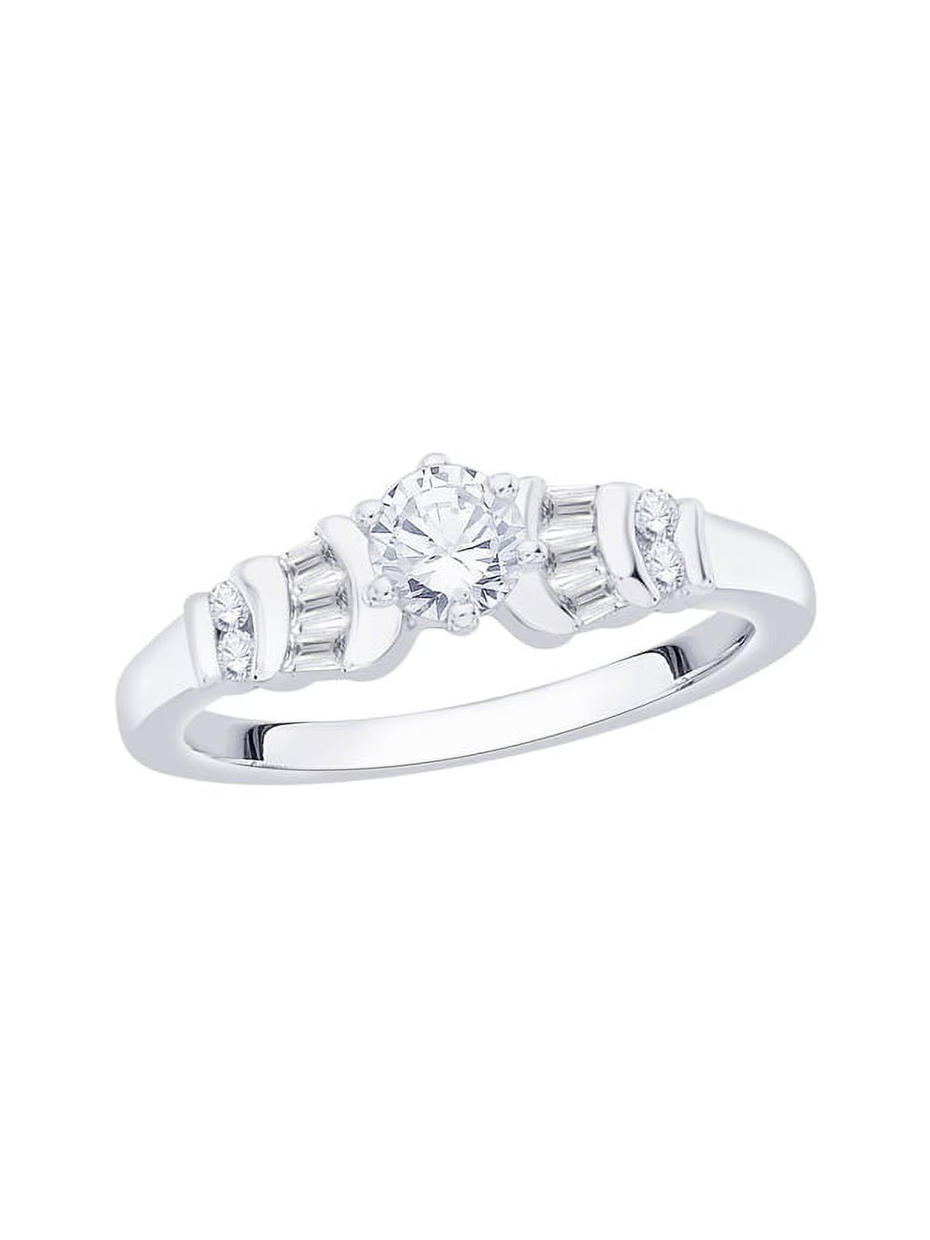 Round and Baguette Cut Diamond Engagement Ring in Sterling Silver E13006