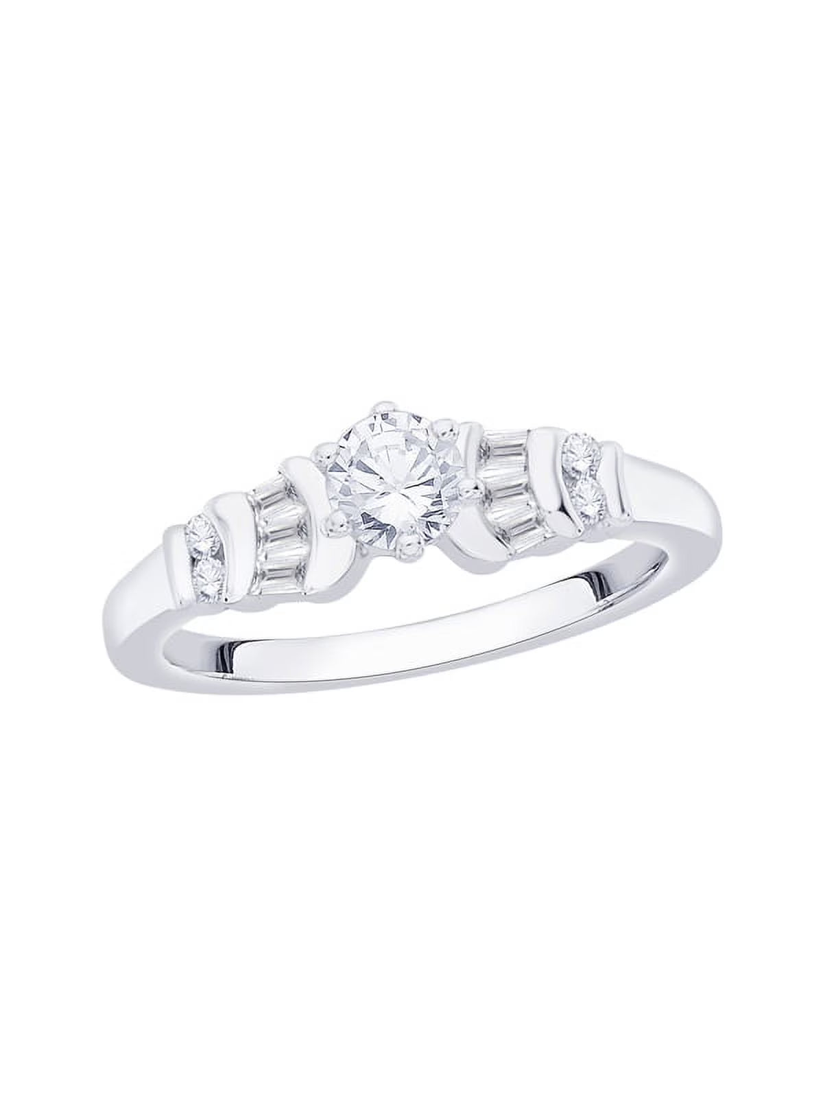 Round and Baguette Cut Diamond Engagement Ring in Sterling Silver E13006