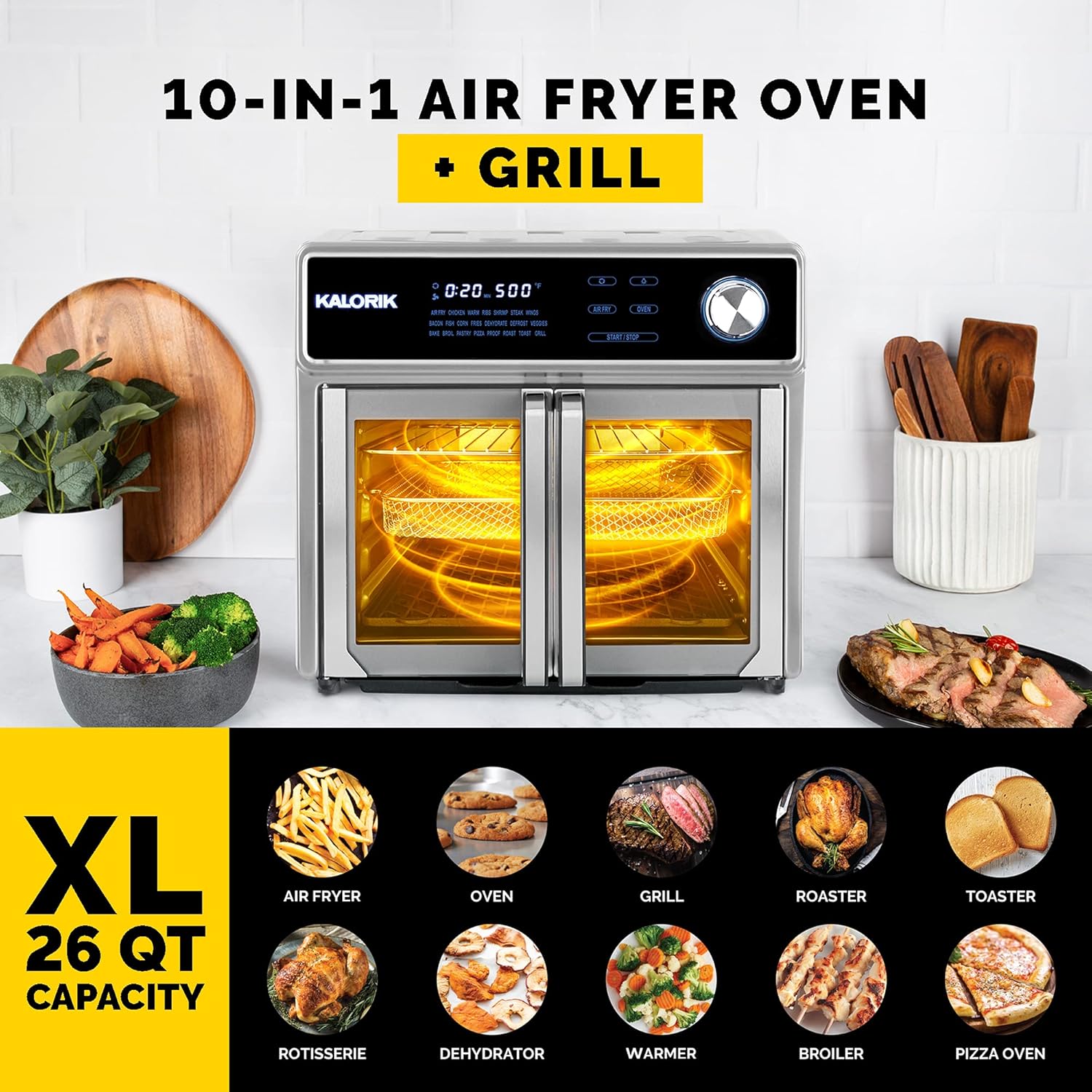 26 Qt Digital Smokeless Indoor Grill and Air Fryer Oven Combo with 11 Accessories, 1700W, Black & Stainless Steel P409